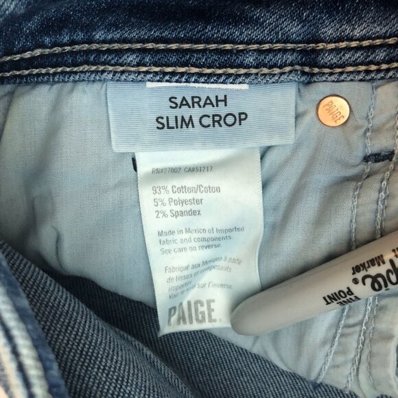 Paige Sarah Slim Crop High Rise Jeans Skysong Wash Destroyed Hem Denim 27 - Picture 5 of 5